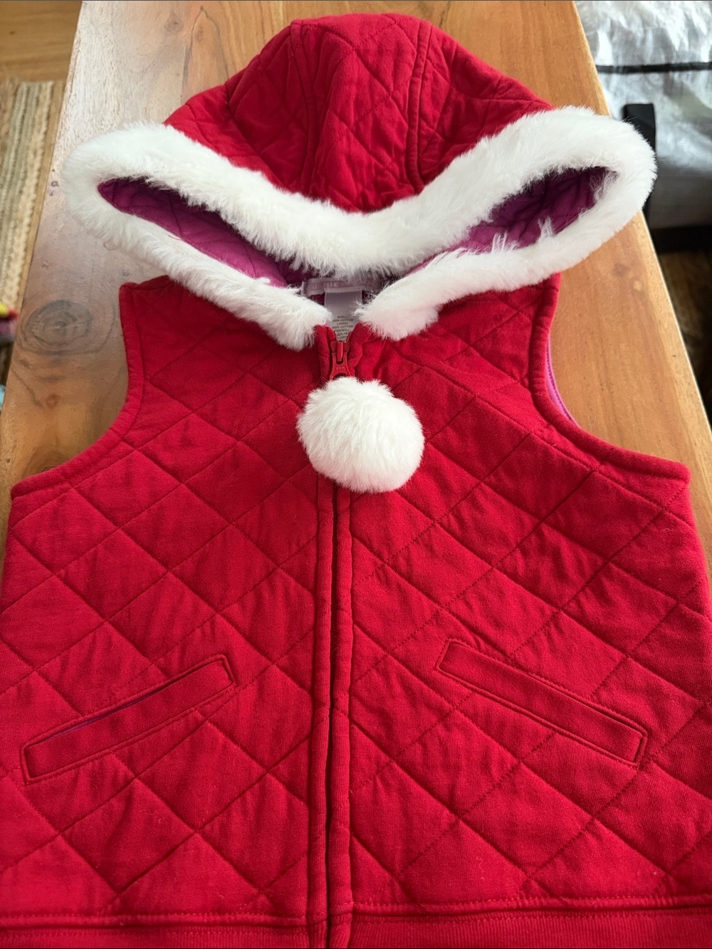 NWOT Janie and Jack Quilted Red Hooded Vest with White Faux Fur Trim